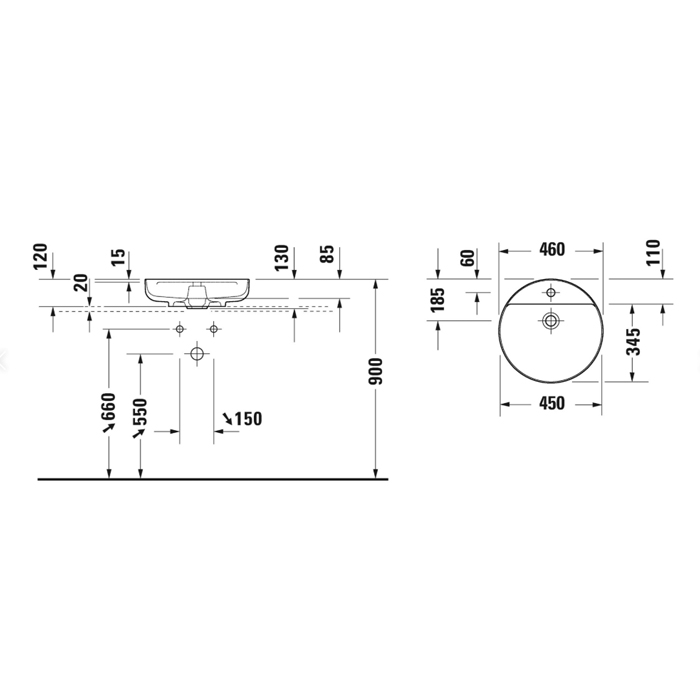 Duravit Vitrium Раковина 46см., накладная, 1 отв., круглая, без перелива, цвет: белый матовый