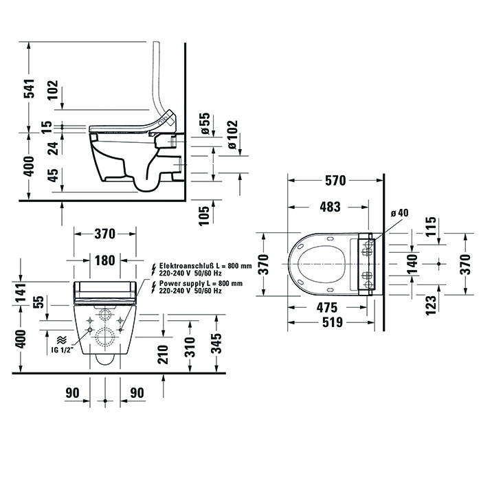 Duravit ME by Starck SensoWash Унитаз подвесной, вкл. крепление Durafix, включая компоненты для SensoWash со скр. подкл, 4,5л, 37х57см., цвет: белый