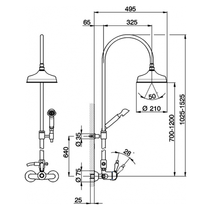 CISAL Arcana Empress Душевой комплект: смеситель, стойка с верхним душем, лейка+шланг, цвет:  золото