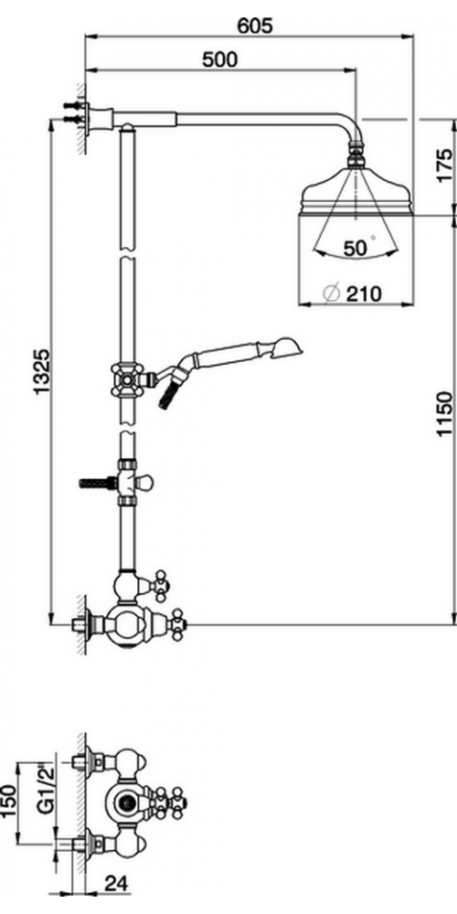 CISAL Arcana Ceramic Душевой комплект: термостатический смеситель, стойка с верхним душем, лейка+шланг, цвет: хром