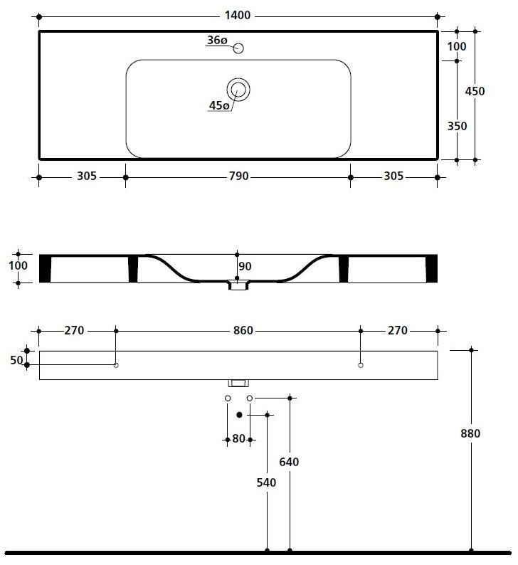 Kerasan Cento Раковина 140х45 см, 1 отв., цвет: белый