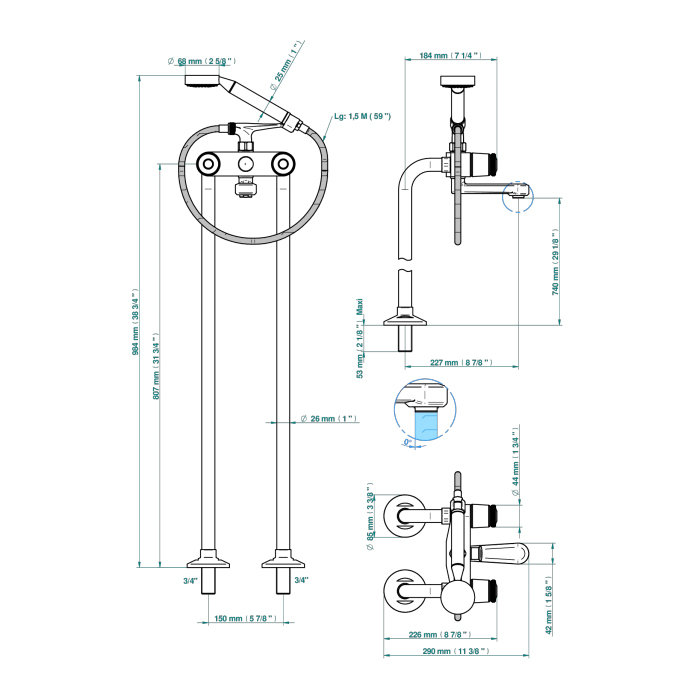 THG CORVAIR FIOR DI BOSCO Смеситель для ванны напольный, с ручным душем и шлангом 1500 мм., цвет: хром
