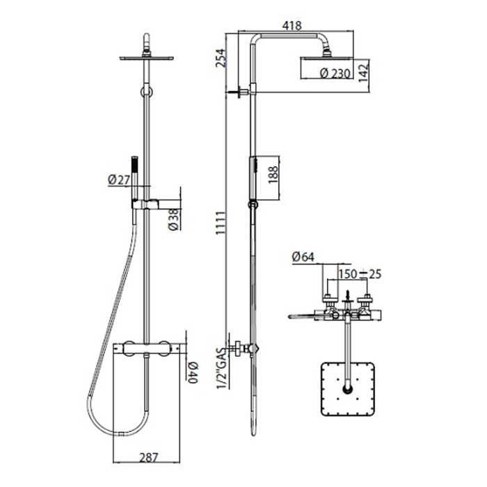 Bossini Cosmo Душевая стойка, с верхним душем 23х23см., с термостатическим смесителем, ручной душ, цвет: черный матовый