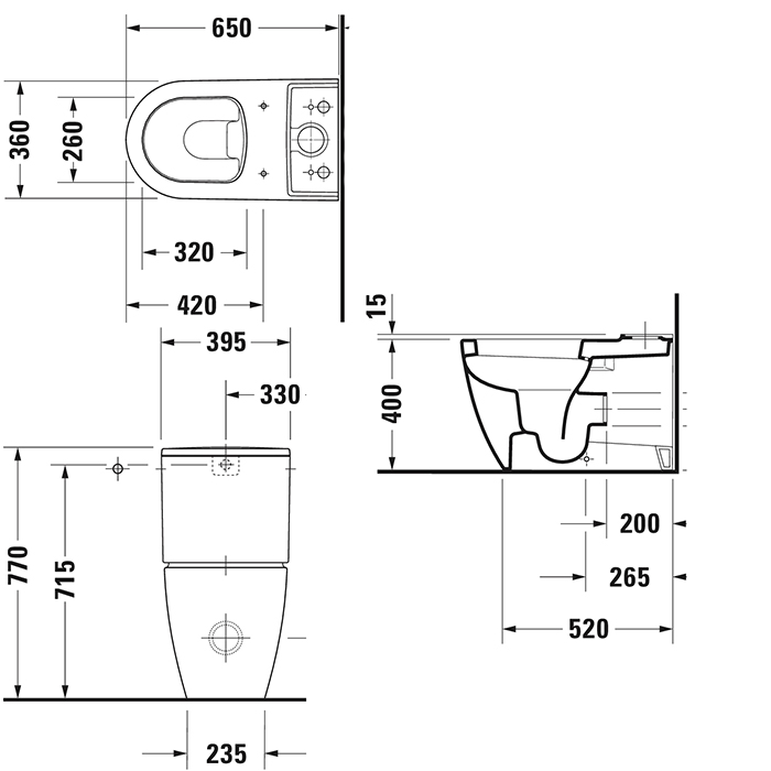 Duravit Me by Starck Унитаз моноблок 37х65 см, слив универсальный, с креплениями, цвет: белый 
