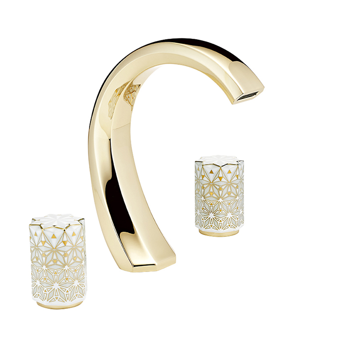 THG Nihal Porcelaine Ivoire Смеситель для раковины на 3 отверстия, с донным клапаном, цвет: Soft gold