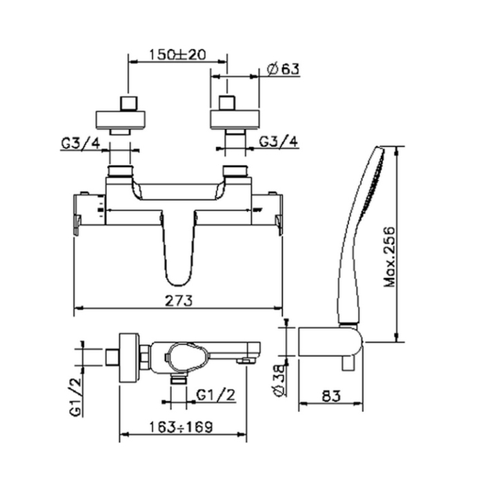 Cisal Alma Смеситель для ванны., термостатический, с ручным душем, держателем и шлангом, цвет: хром