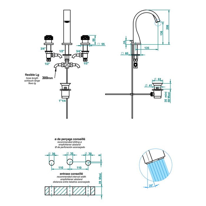 THG Masque de Femme metal grave Смеситель для раковины, 3 отв., цвет: хром