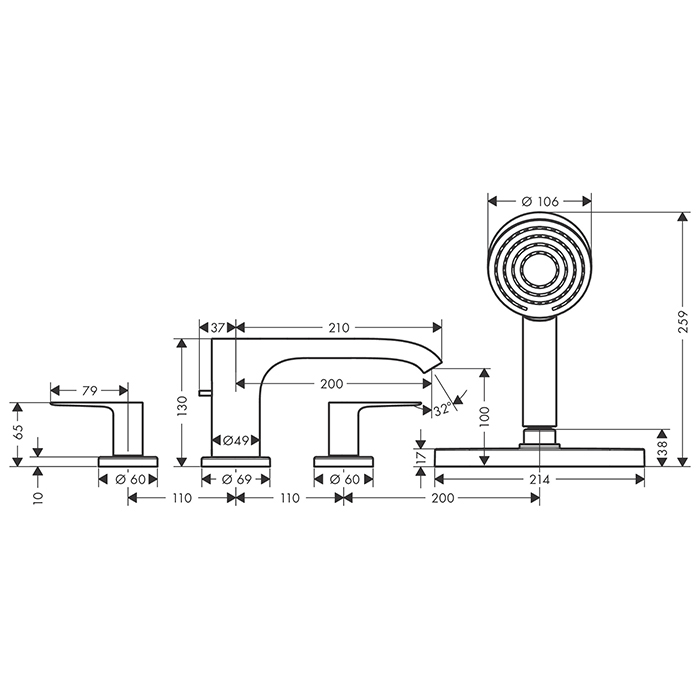 Hansgrohe Vernis Смеситель на борт ванны, на 4 отв., с ручной лейкой, цвет: хром