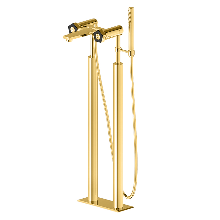 Newform ParkLE Смеситель для ванны, напольный, с ручным душем и шлангом 150см., цвет: PVD glossy gold/черный матовый