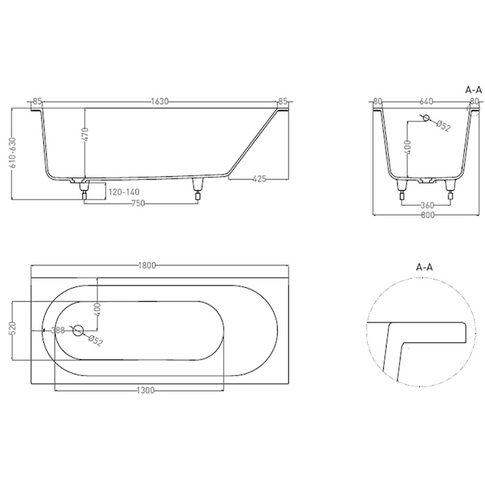 Salini Lofo Ванна 180х80х61см., встраиваемая, Gelcoat, без слива-перелива, с ножками, цвет: белый глянцевый