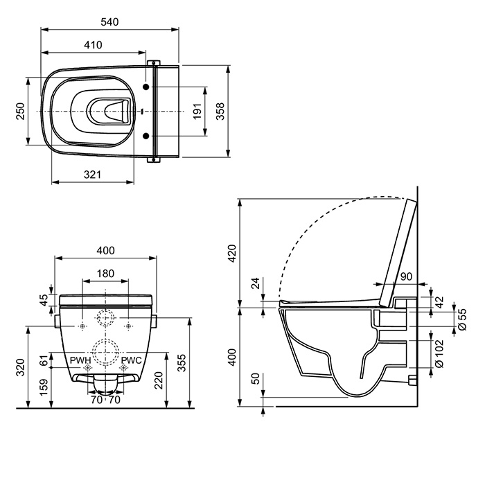 TECEone Унитаз-биде 54х35см, подвесной, безободковый, смыв Tornado, сиденье, цвет: белый