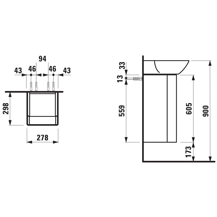 Laufen INO Тумба с раковиной, 28х31х60.5см, с 1 дверцей, с сифоном, с 4 полками, SX, подвесная, покрытие LLC, цвет: темный орех