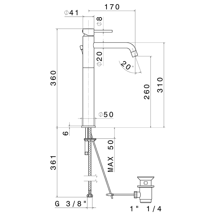 Newform XT Смеситель для раковины на 1 отв., высокий, с донным клапаном, излив: 17см, цвет: хром