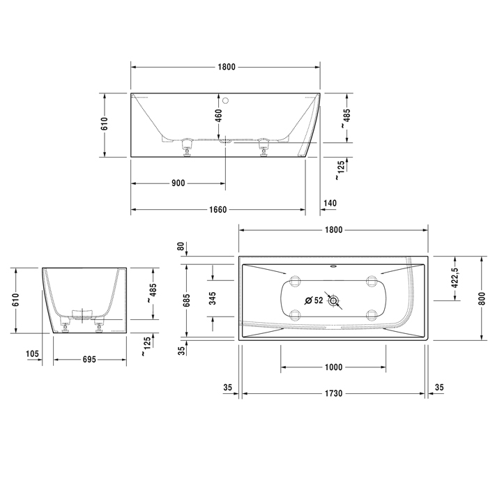 Duravit Vitrium Ванна встраиваемая 180x80см, Sx, с ножками, с2 наклонами для спины, прямоугольная, цвет: синий матовый