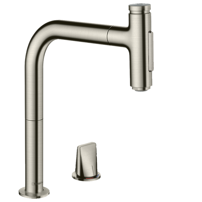 Hansgrohe Metris M71 Смеситель для кухни, на 2 отв, поворотный излив: 22.1см с вытяжным душем, 2jet, h:20.8см, sBox, цвет: нержавейка