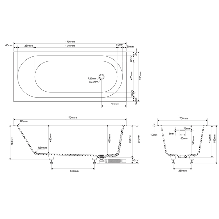 Dea Design Ease Ванна 170х75хh58cм., встраиваемая, в комплекте ножки, интегр.слив/перелив в цвет ванны цвет grey brown