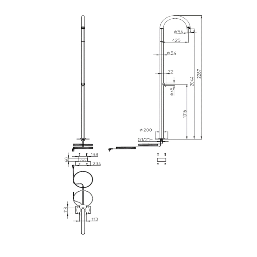 Bossini Mont Blanc Душевая колонна  из стали INOX, верхний душ 54см с подкл. в пол с встроенной частью, цвет: хром