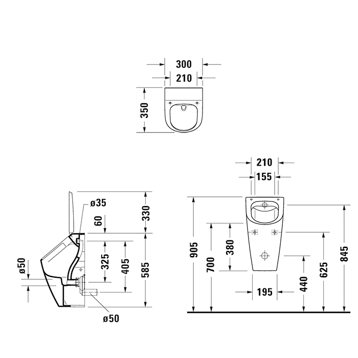 Duravit ME by Starck Dry Писсуар Duravit Rimless® 0,5 л без смывного края, подача воды сзади, вкл. Крепеж, Цвет: белый