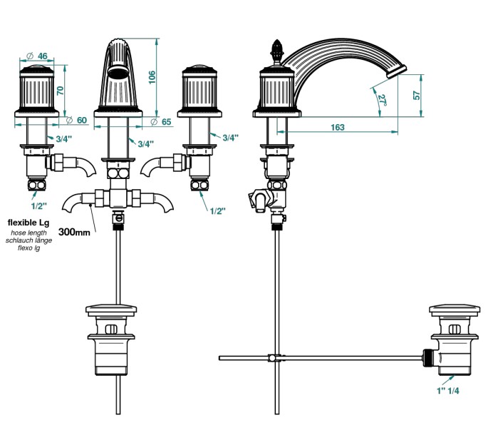 THG Malmaison metal Смеситель для раковины на 3 отверстия, с донным клапаном, цвет: полированное золото