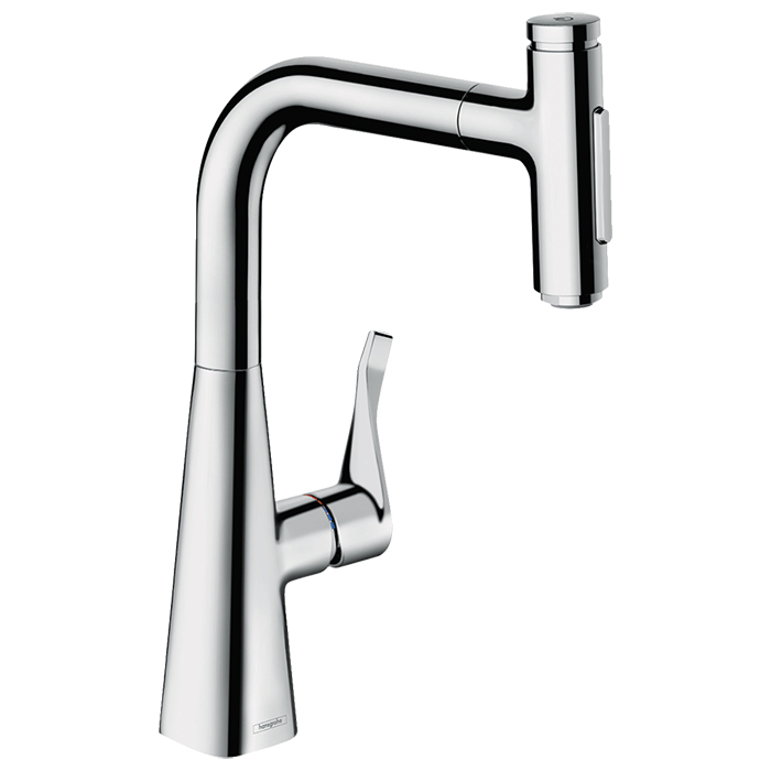 Hansgrohe Metris M71 Смеситель для кухни, на 1 отв, поворотный излив: 20.8см с вытяжным душем, 2jet, h238мм, sBox кнопка вкл/выкл,, цвет: хром