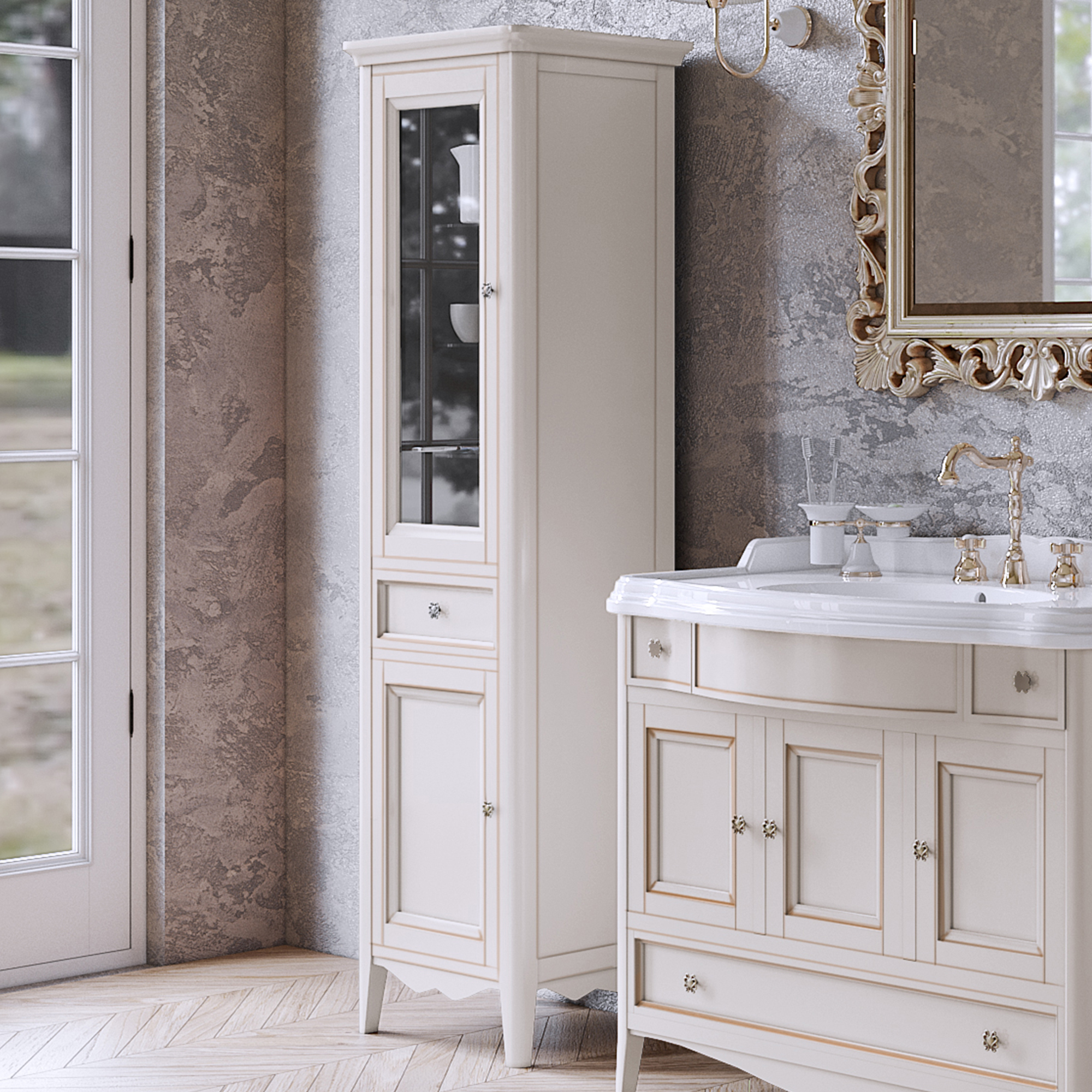 TW Veronica, Колонна 50.2/45x40/37.4 x h172см, 1выдв.ящик, 2 распашные дверки, доводчики Blum (петли слева-SX), напольная, цвет: VINTAGE, ручки: Riflesso бронза