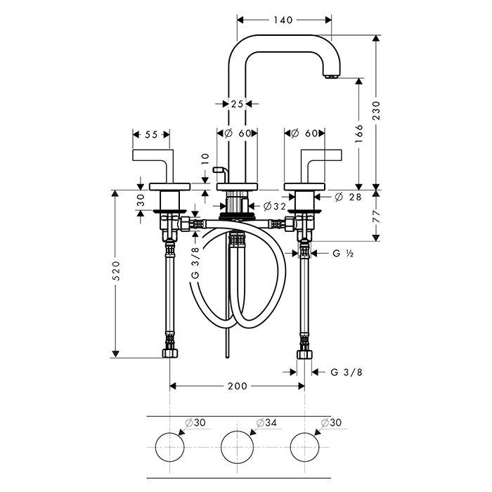 Axor Citterio Смеситель для раковины 170, на 3 отв., ручка: рычаг, с донным клапаном, цвет: полированное золото