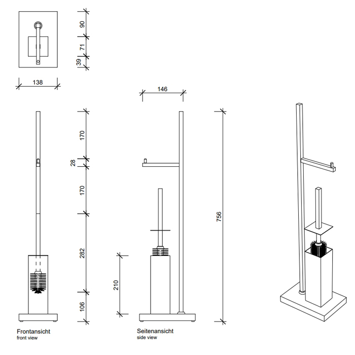 Decor Walther Corner DW 671 Напольная стойка 72см., с ершиком и бумагодержателем, цвет: черный матовый