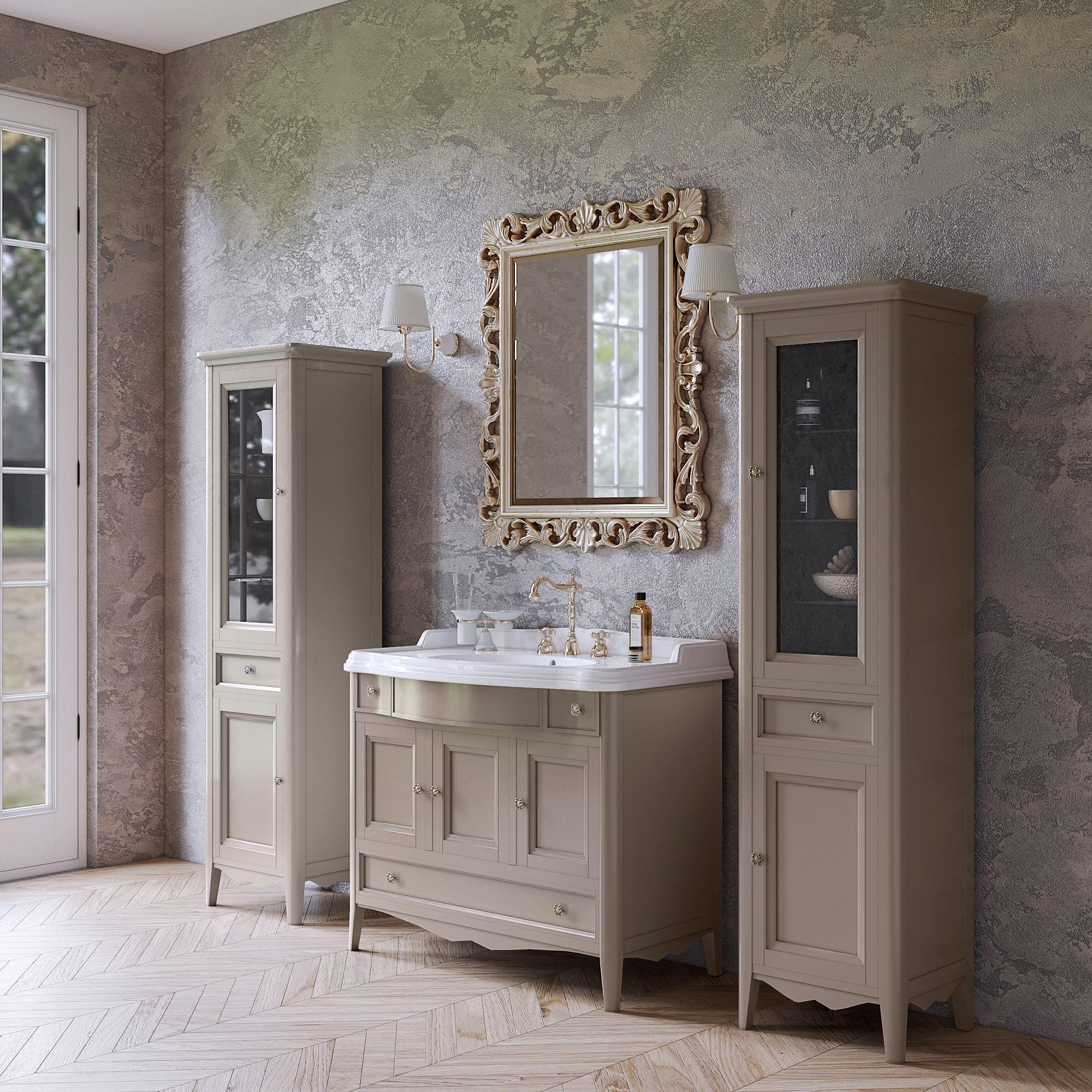 TW Veronica, База с раковиной Simas AR874bi*1 105x56см, 2 верх.ящ. 3 расп. дв. и 1 выдв. ящик, доводч. Blum, ручки: Riflesso бронза, напольная, цвет: TORTORA