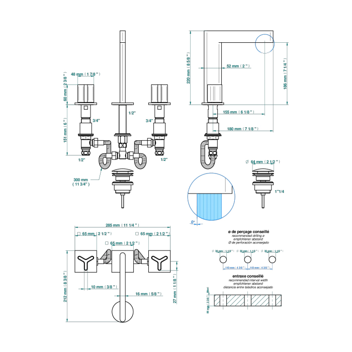THG ICON-X CARBONE GOLD Смеситель для раковины, 3 отв., с донным клапаном, цвет: полированное золото