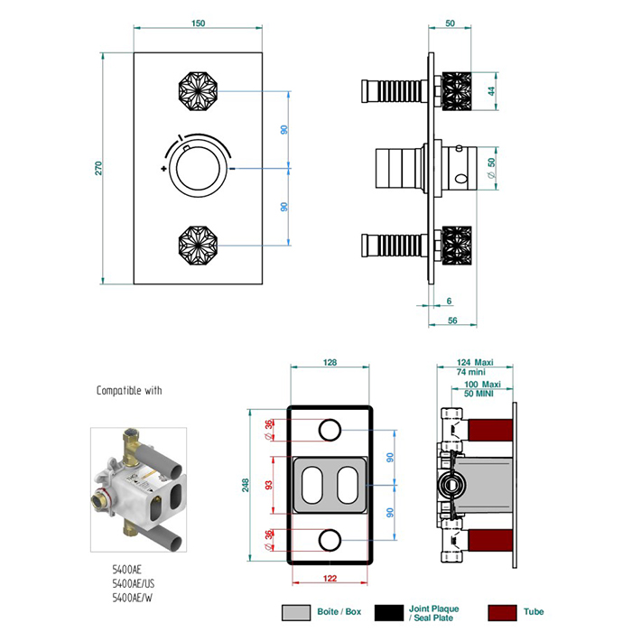 THG Nihal Porcelaine Ivoir Смеситель для душа встраиваемый, термостатический, с двумя запорными вентилями, внешняя часть, цвет: Soft gold