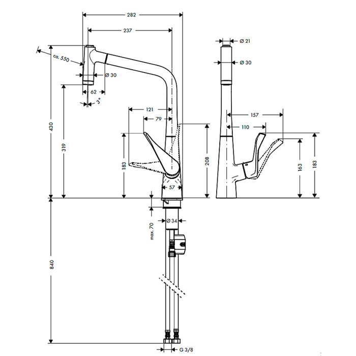 Hansgrohe Metris Смеситель  для кухни на 1 отв, поворотный и выдвижной излив 2jet, цвет: сталь