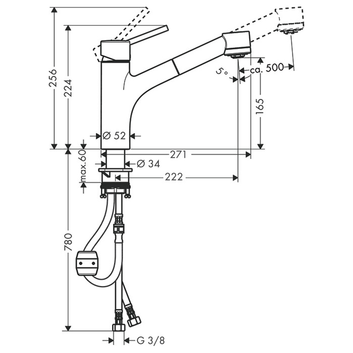 Hansgrohe Talis S Кухонный смеситель для раковины, на 1 отв., однорычажный, с выдвижным изливом, цвет: хром