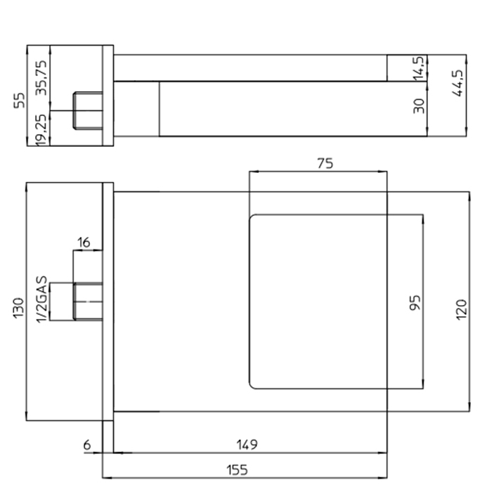 Bossini Cascata XL Излив для ванной или душа, каскадная струя, латунь, 1/2, цвет: хром