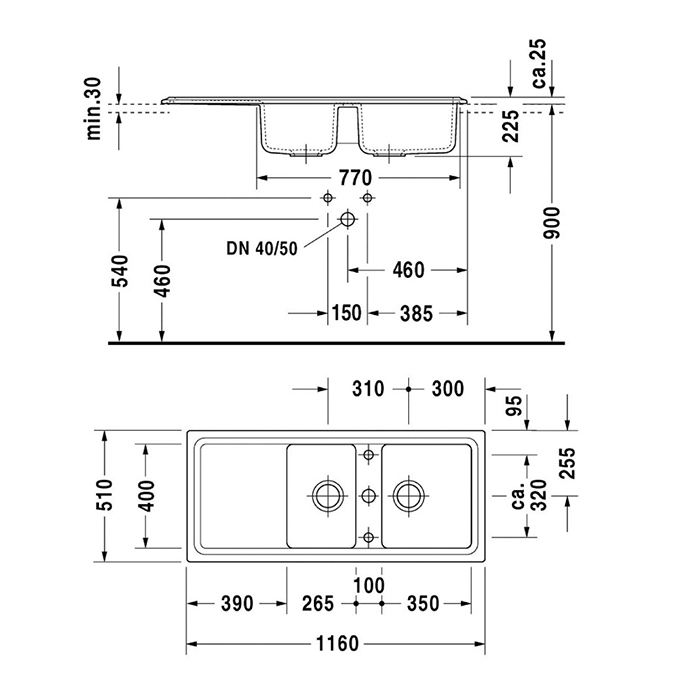 Duravit Cassia Кухонная мойка 116x51см., встраиваемая, цвет: белая