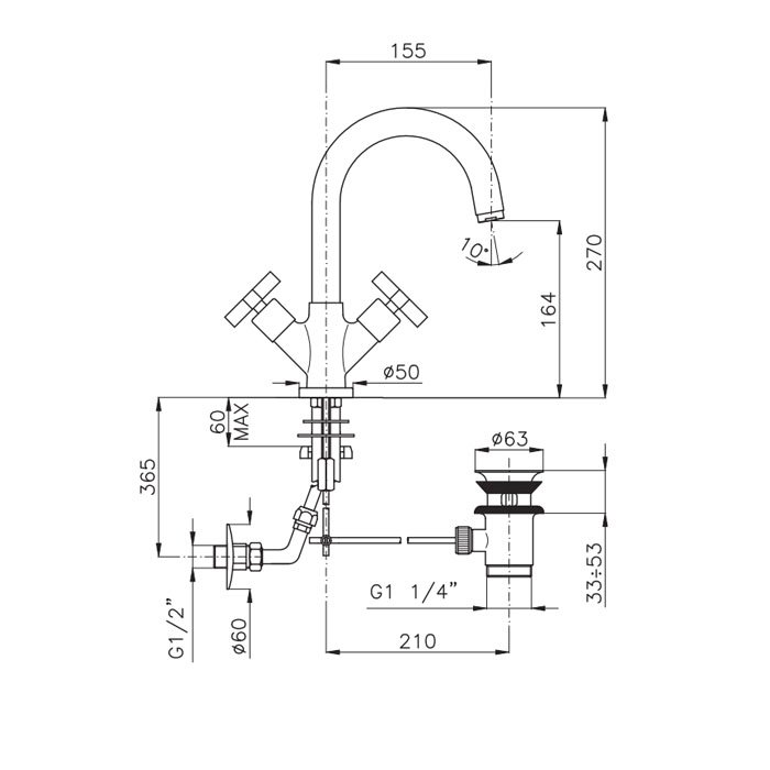 Nicolazzi Mac Kinley 05 Смеситель для раковины на 1 отверстие, излив: 155, цвет: золото