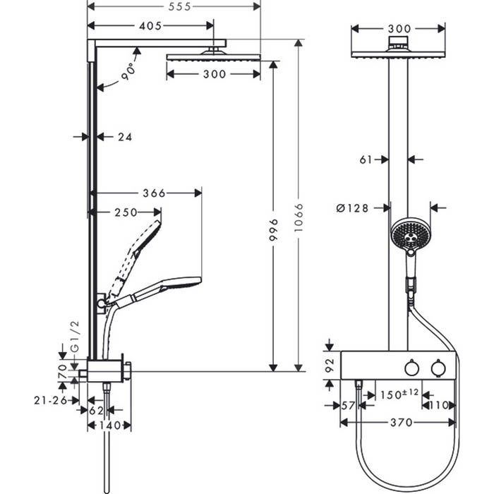 Hansgrohe Showerpipe Rindance E Душевая стойка, с термостатическим смесителем, верхним душем 30x30см., ручным душем и шлангом 160см., и полкой, цвет: хром