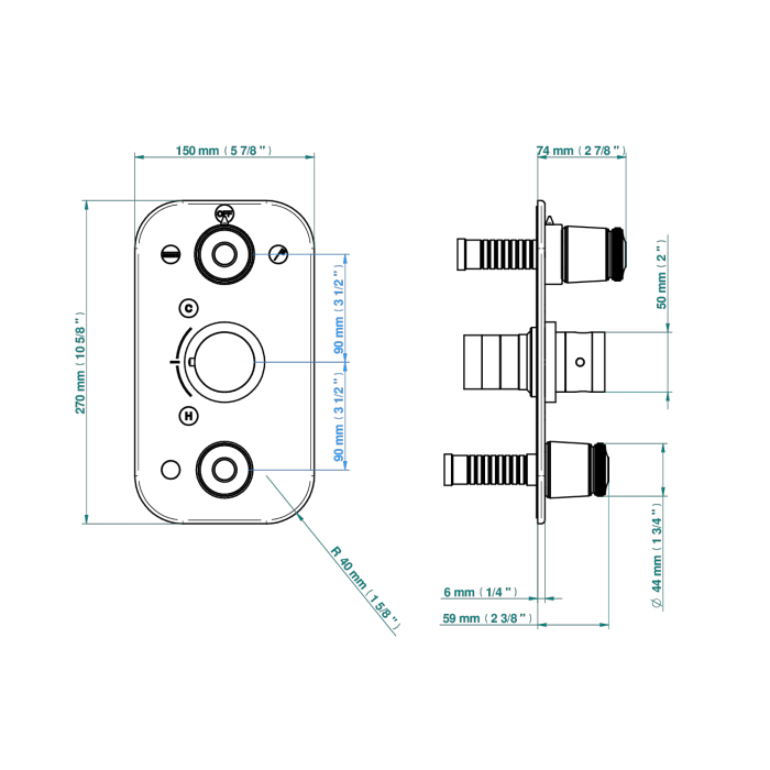 THG CORVAIR Смеситель для душа встраиваемый, термостатический, с запорным вентилем и переключателем на 2 положения, внешняя часть, цвет: хром