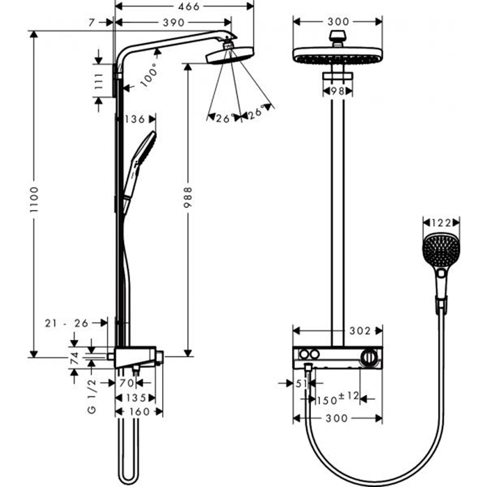 Hansgrohe Raindance Select E 300 Showerpipe Душевая система, с верхним душем 30х19см., ручным дешем, и термостатическим смесителем, цвет: хром