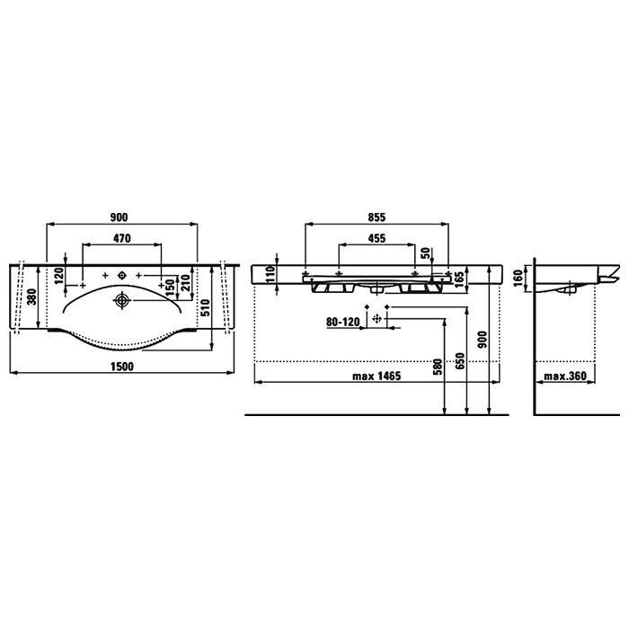 Laufen Palace Раковина 150x51x11 см, 1 отв., подвесная/накладная, с полотенцедержателем, цвет: белый