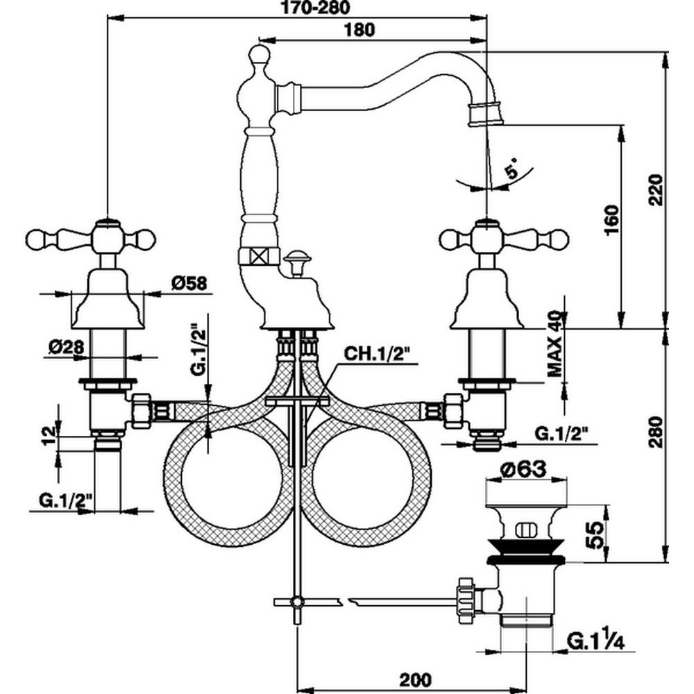 CISAL Arcana America Смеситель для раковины на 3 отверстия, с донным клапаном, цвет: хром