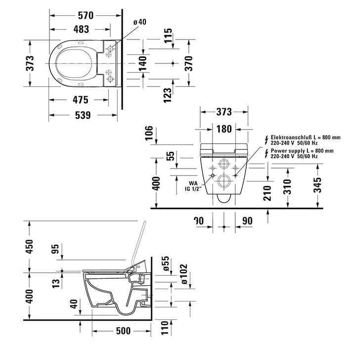 Duravit ME by Starck Унитаз подвесной 57х37 см, безободковый, HygieneFlush для SensoWash, цвет: белый