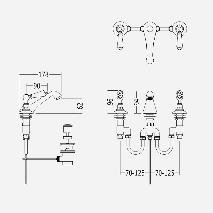 Devon&Devon Dandy Смеситель для раковины на 3 отв., с донным клапаном, c ручками белыми, цвет: хром