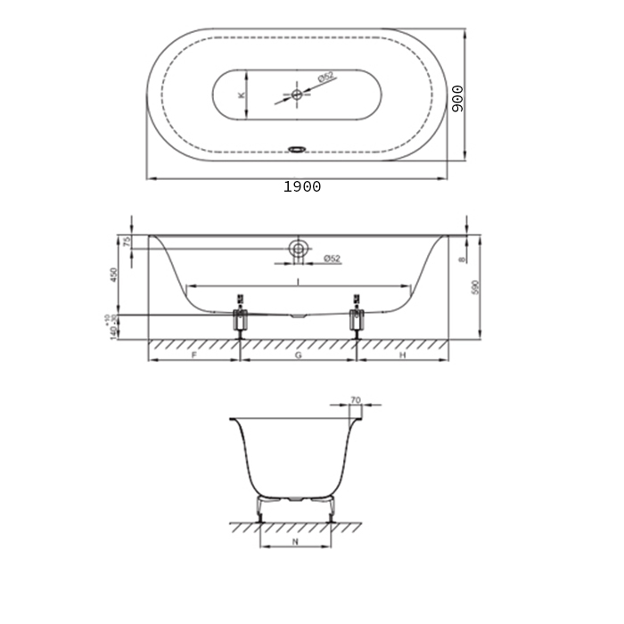 Bette Lux Oval Ванна встраиваемая 190x90x45 см, BetteGlasur ® Plus, цвет: белый