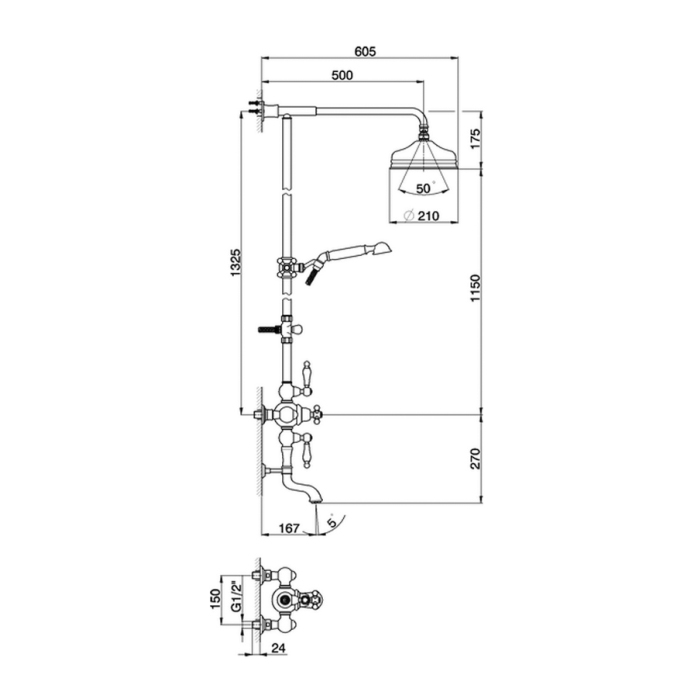 Cisal Arcana Toscana Душевая система: стойка со смесителем термостатическим и верхним душем, цвет: Vecchio Bronzo