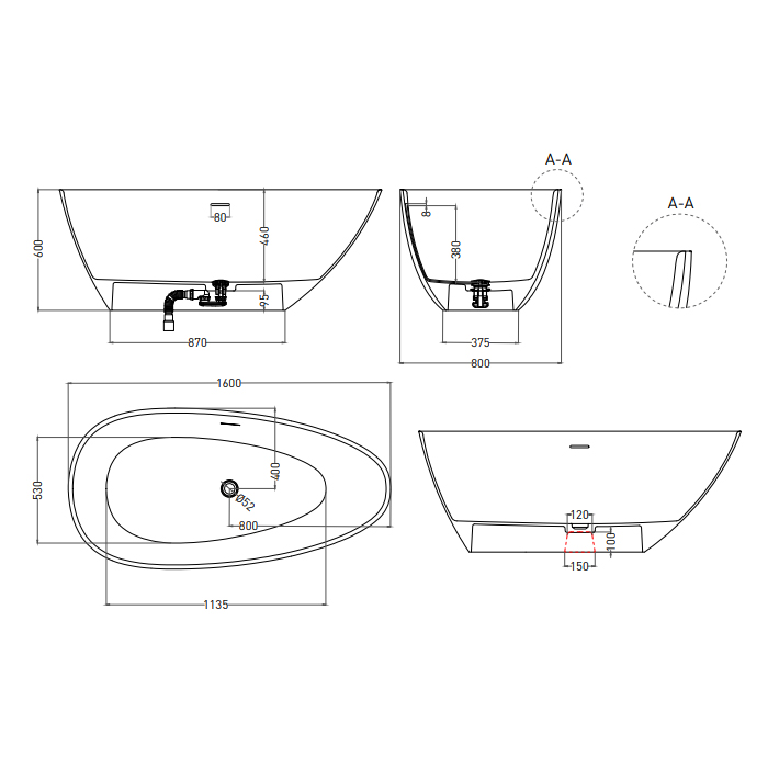 Salini Paola Ванна 160х80см., отдельностоящая, S-Sense, цвет: белый глянцевый