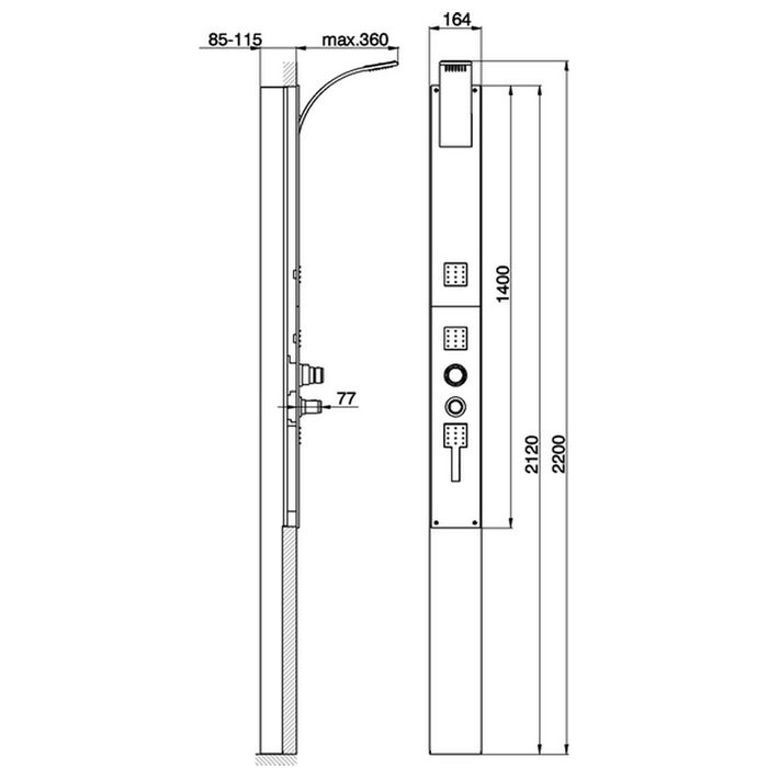 CISAL Wave Душевая панель с термостатическим смесителем, верхней и ручной лейками, форсунками, цвет: хром