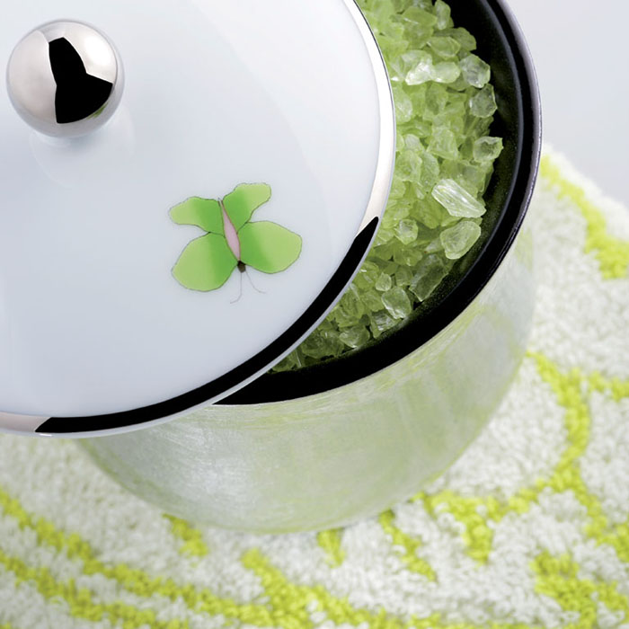 THG CAPUCINE VERT DECOR PLATINE Китайская лакированная коробка с белой керамической крышкой Ø94 мм., small size, декор платина/зеленый, цвет: белый