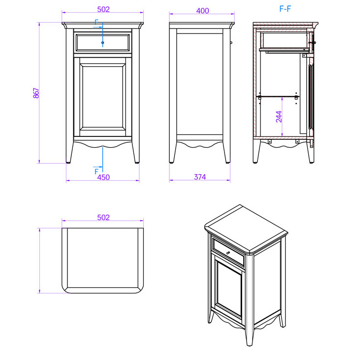 TW Veronica Nuovo тумба напольная с 1-й дверцей, 1-м выдвижным ящиком, доводчиками Blum, ручки бронза,  SX - петли слева Цвет: noce