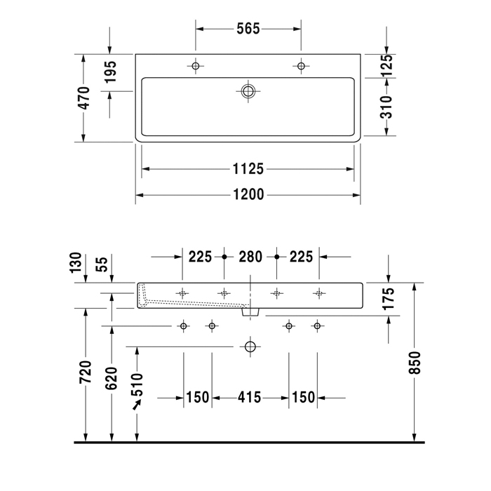 Duravit Vero Раковина 120х47 см, 2 отв., с переливом, цвет: белый