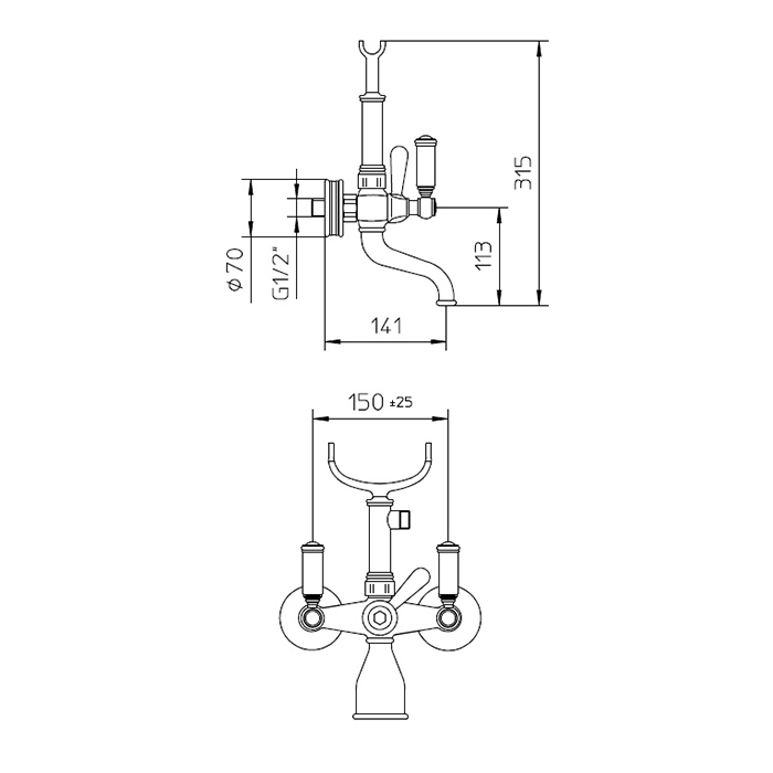Bossini Liberty Смеситель наружный для ванной с переключателем, лейка LIBERTYцвет:GOM, шланг из латуни дв. фальцевания 150 см, цвет: никель матовый